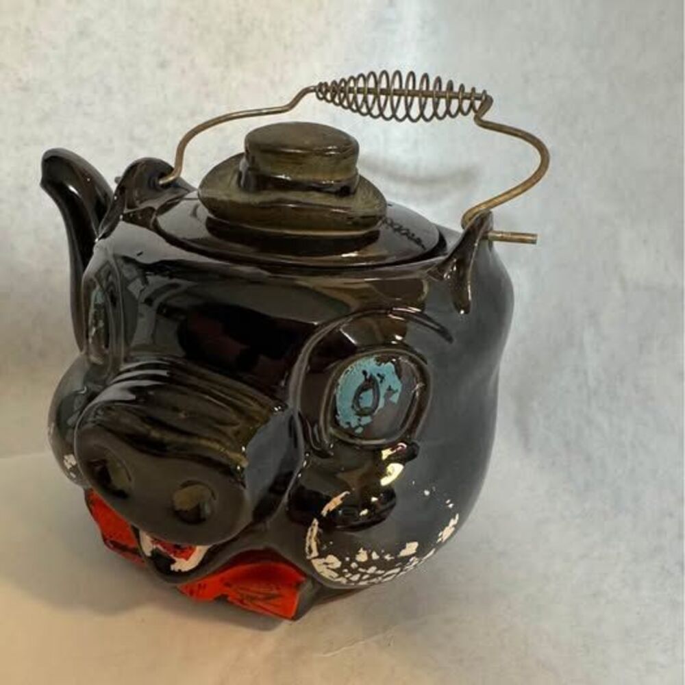 Vintage pig head ceramic teapot with handle - Picture 4 of 10
